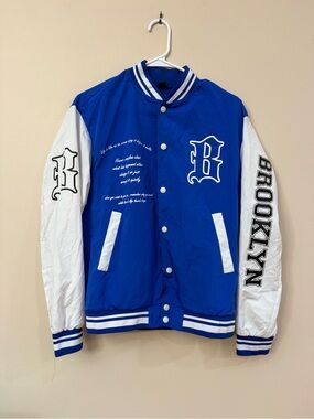 SHEIN Blue and White Brooklyn Letterman Bomber Jacket